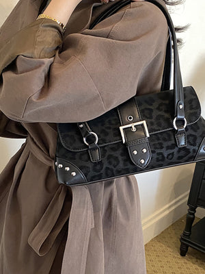 black PU Leather Imported Size &amp shoulder bag with leopard and snap