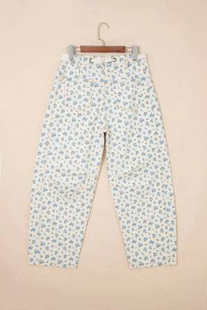 Grommet Knot Waist Floral Barrel Leg Jeans option 4