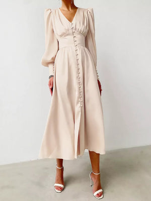 Green Elegant V-neck Puff Sleeve Button-down Midi Dress