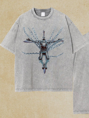 Gray acid wash oversized graphic tee with knight and chains print
