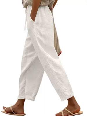 White relaxed fit cropped maternity pants with drawstring waist and pockets