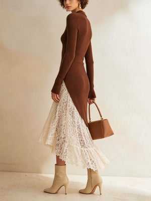 ivory sweater dress featuring lace and floral