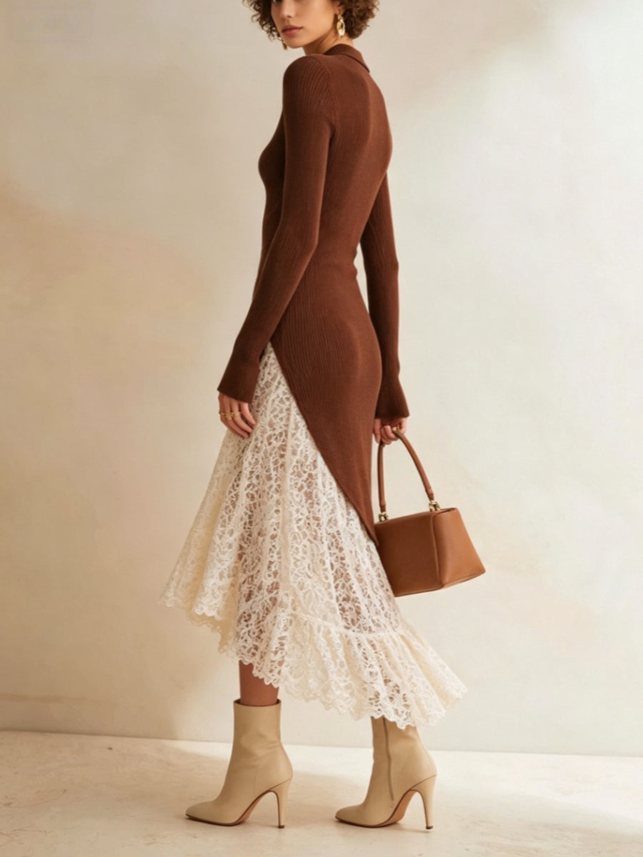 ivory sweater dress featuring lace and floral