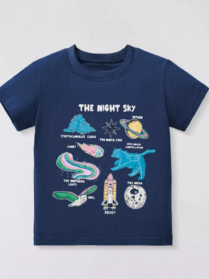 Navy t-shirt with "The Night Sky" graphic featuring planets, rocket, owl, and constellations.