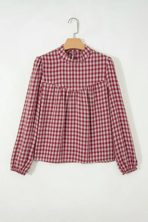 Country plaid long sleeve blouse with mock neck and keyhole detail.