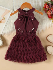 Toddler underwear set in burgundy, pink, or beige with pearl bowknot detail.