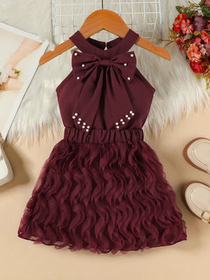 Toddler underwear set in burgundy, pink, or beige with pearl bowknot detail.