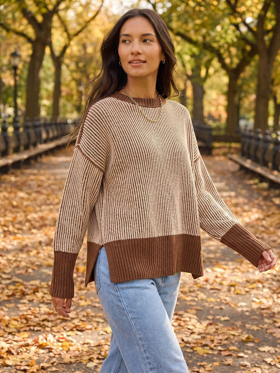 brown pullover sweater featuring ribbed knit and striped