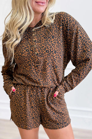 Coffee Brown, Leopard Print Long Sleeve Henley Top & Shorts Set in Coffee Brown