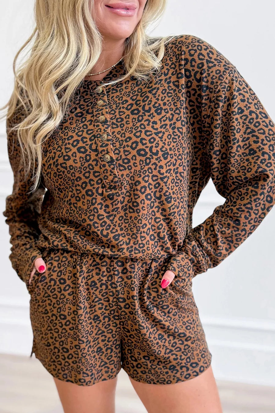 Coffee Brown, Leopard Print Long Sleeve Henley Top & Shorts Set in Coffee Brown