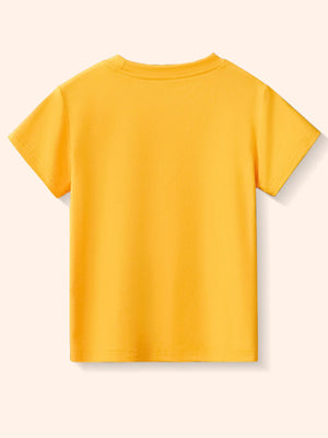Yellow crew neck toddler t-shirt with short sleeves and a cartoon graphic on the front.