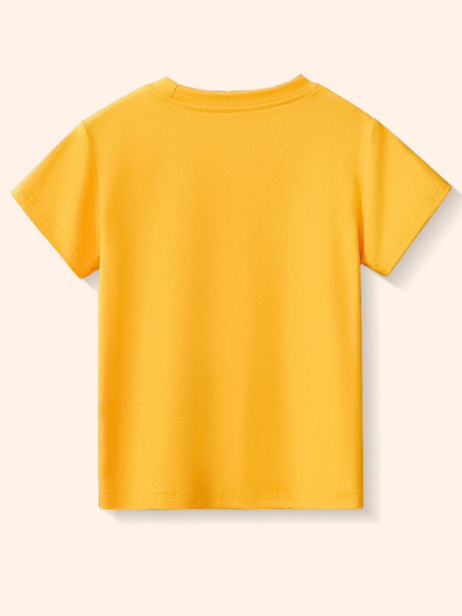 Yellow crew neck toddler t-shirt with short sleeves and a cartoon graphic on the front.