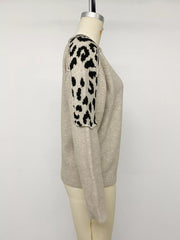 Leopard Round Neck Sweater in Khaki with ribbed