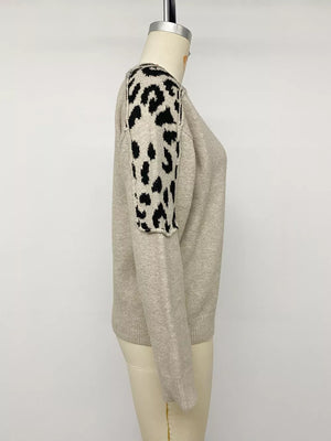 Leopard Round Neck Sweater in Khaki with ribbed