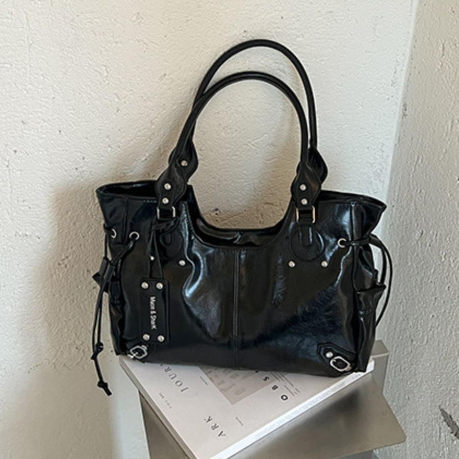 Drawstring Leather Handbag Tote Bag in Black