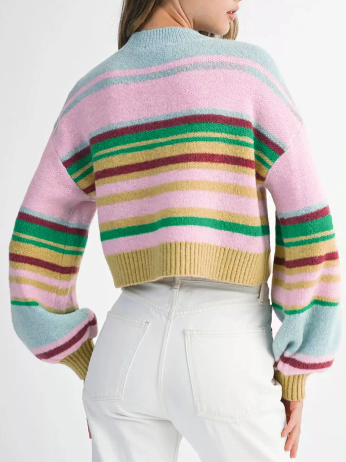 Multicolor striped ribbed boxy fit cropped sweater with a mock neck and balloon sleeves.