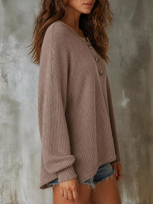 taupe henley with hip-length and half-button