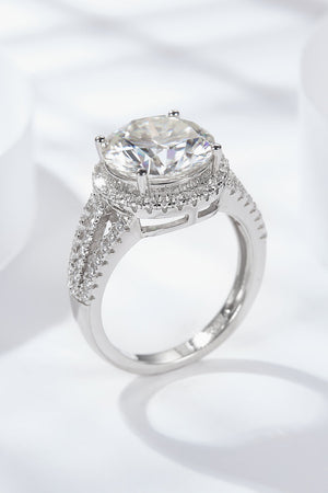 Silver split shank halo engagement ring with pave band