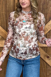cream blouse with western scene print and mock neck