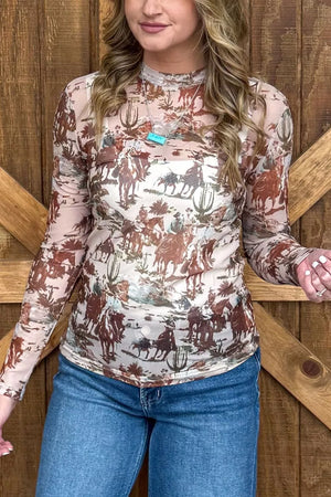cream blouse with western scene print and mock neck