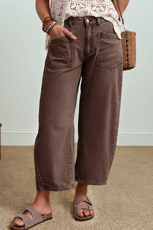 Solid Color Square Patch Pocket Barrel Jeans option 6