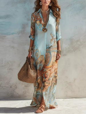 tan shirt dress featuring buttoned and ornate print