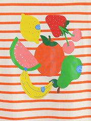 Baby tee with colorful fruit print on striped cotton, crew neck, ruffle sleeves.