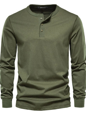 Henley knit long sleeve tee in Matcha Green with button placket and crew neck.