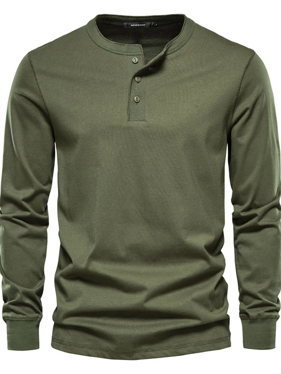 Henley knit long sleeve tee in Matcha Green with button placket and crew neck.