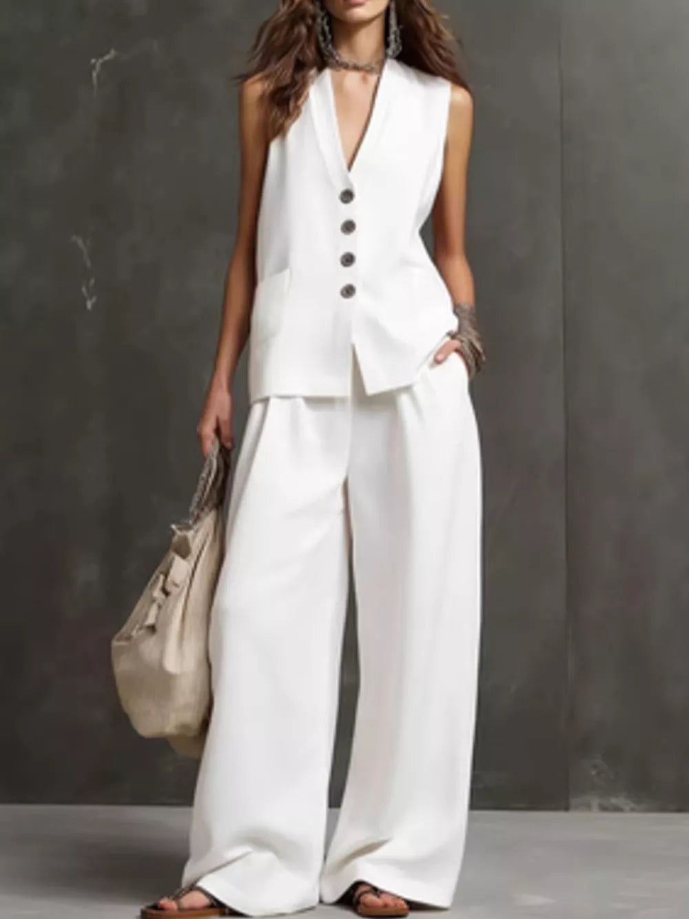 two-piece set in white featuring buttoned and relaxed fit