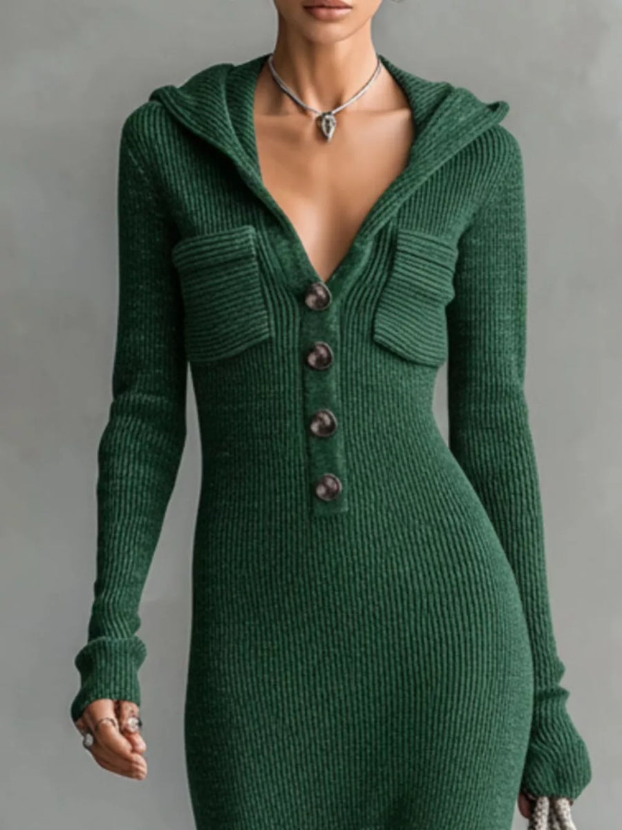 Hooded Knit Maxi Sweater Dress in Dark Green