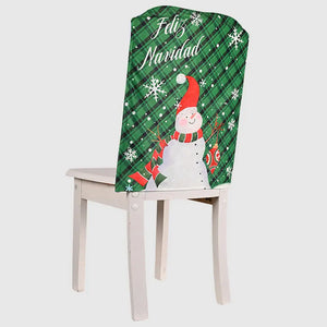 Feliz Navidad chair cover in dark green plaid with snowman and snowflakes.