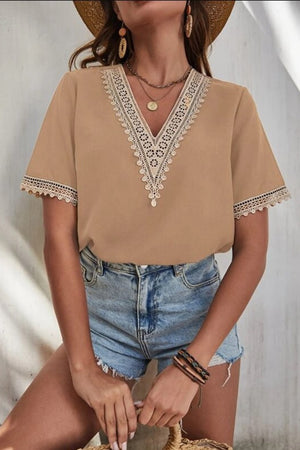 Vonili Lace Vibe V-Neck Blouse in Brown