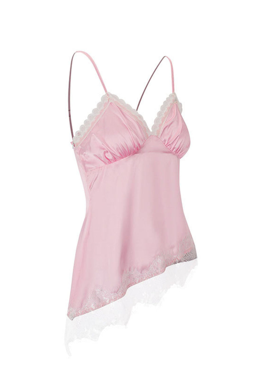 Pink satin camisole with asymmetrical lace trim and V-neck.