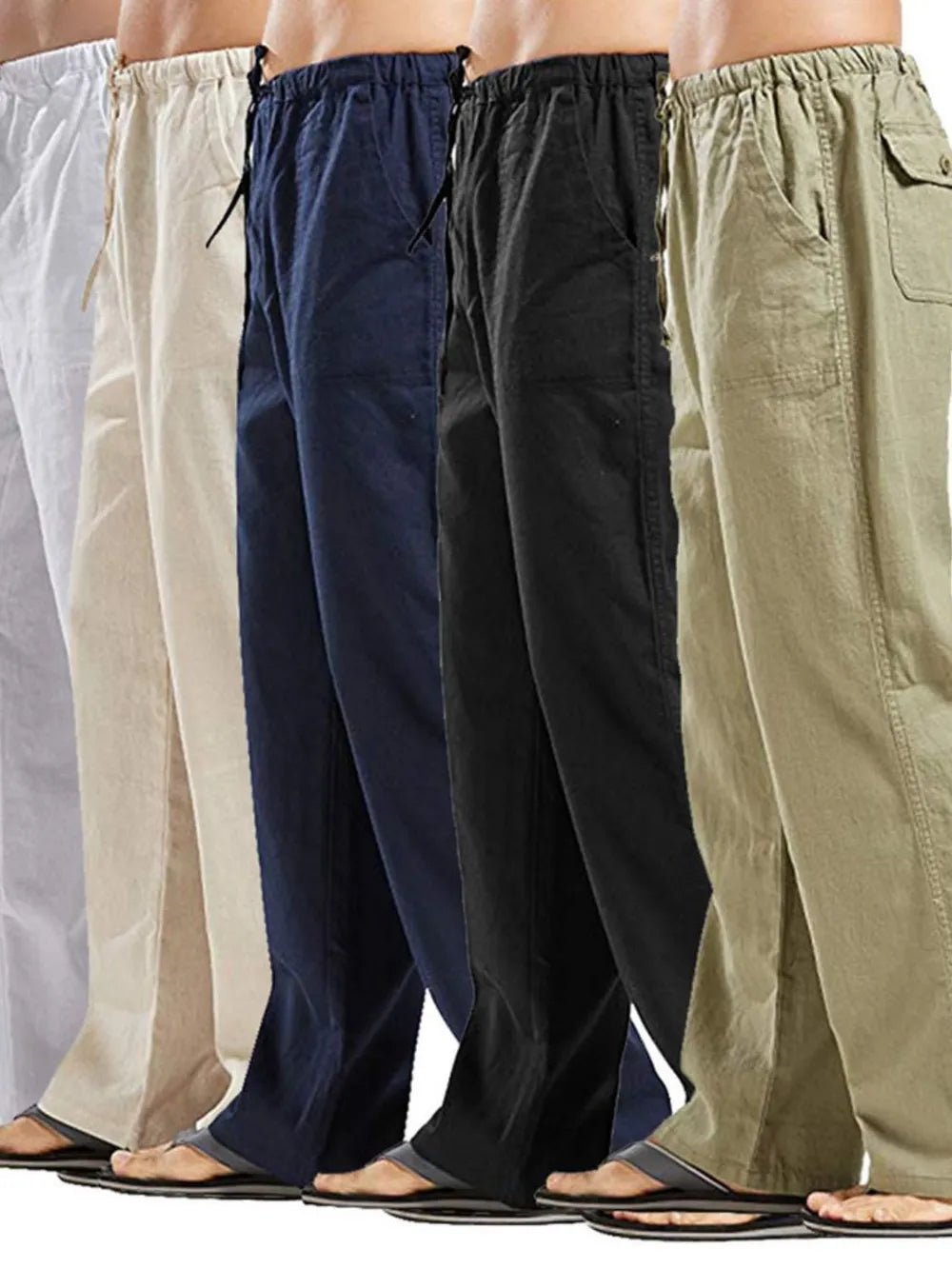 Relaxed fit linen drawstring trousers in white, khaki, navy, black, and green.