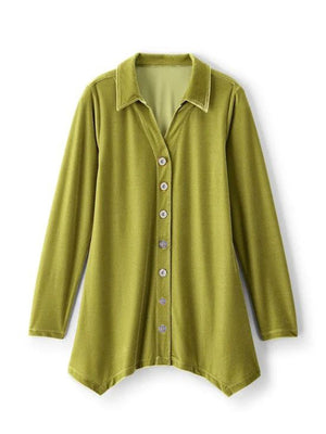chartreuse button-down shirt with tunic-length and button-front
