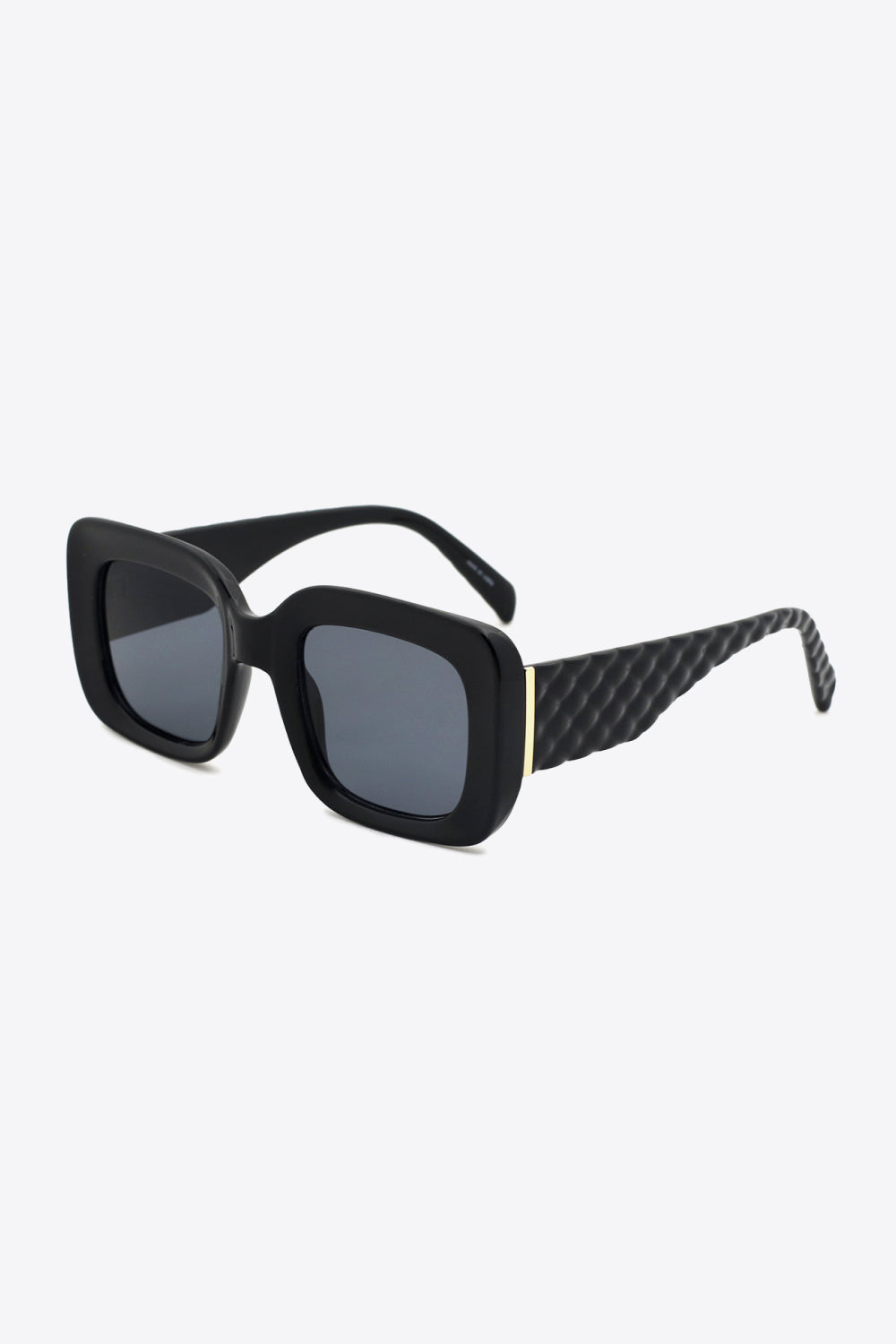 Black rectangular sunglasses with textured arms and gold accent