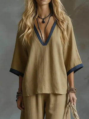 Camel V-neck two-piece set with contrast trim and wide sleeves.