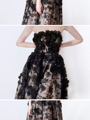 Black floral applique midi dress with 3d flowers and sparkle details