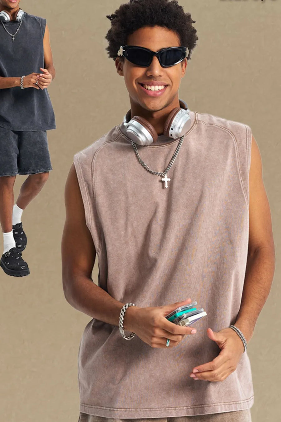Acid wash relaxed fit tank top in mocha with a crew neck and sleeveless design.