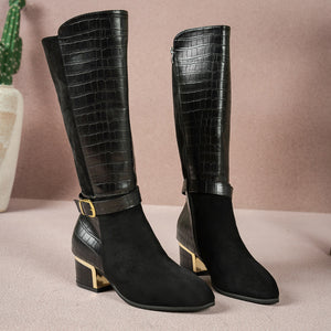 Burgundy boots featuring knee-high and crocodile-print