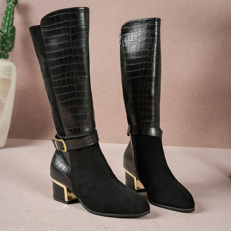 Burgundy boots featuring knee-high and crocodile-print