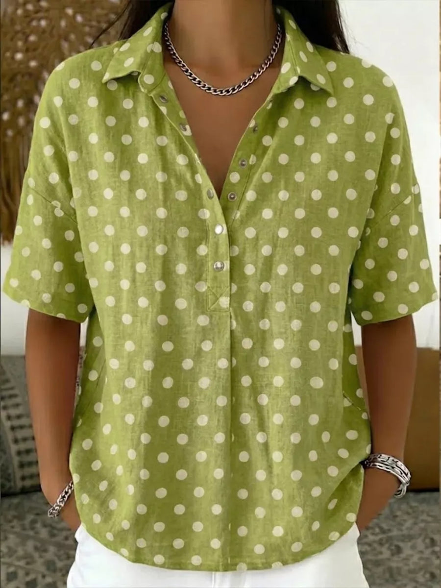 Full Size Polka Dot Short Sleeve Shirt Plus Size in Light Blue