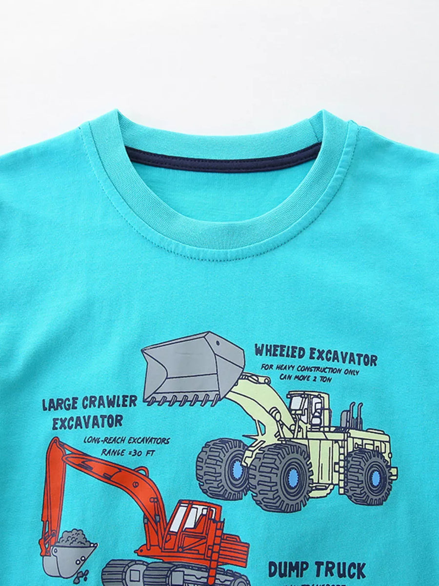 Toddler tee with construction vehicles graphic, crew neck, short sleeves, cotton blend.