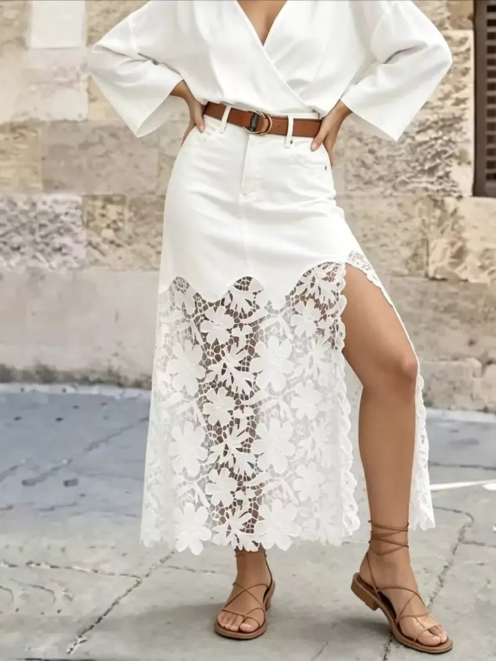 midi skirt in white featuring lace and A-line fit