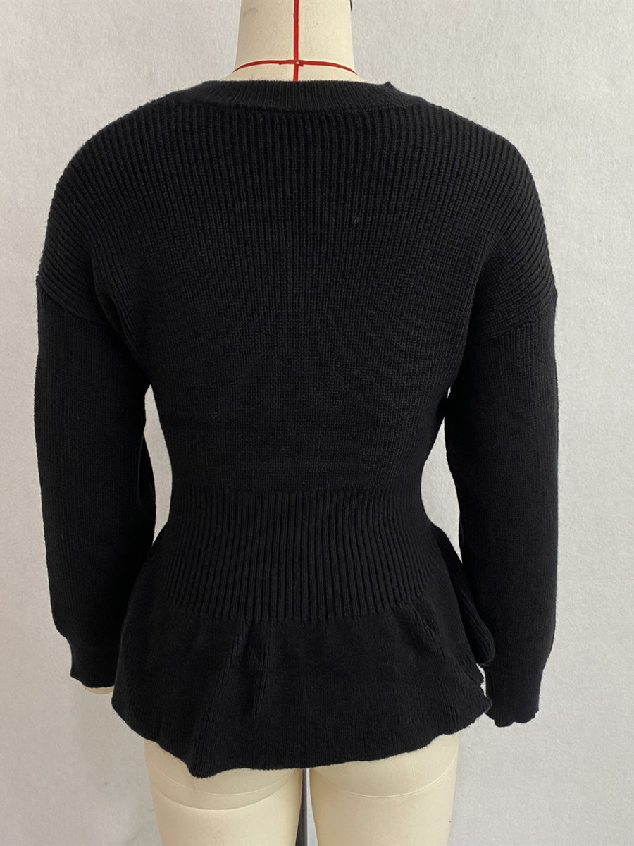 V-Neck Peplum Hem Ribbed Knit Top in Brown