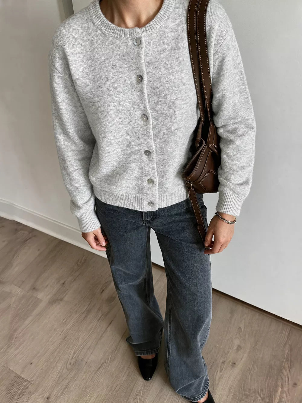 classic cardigan in light gray with crew neck