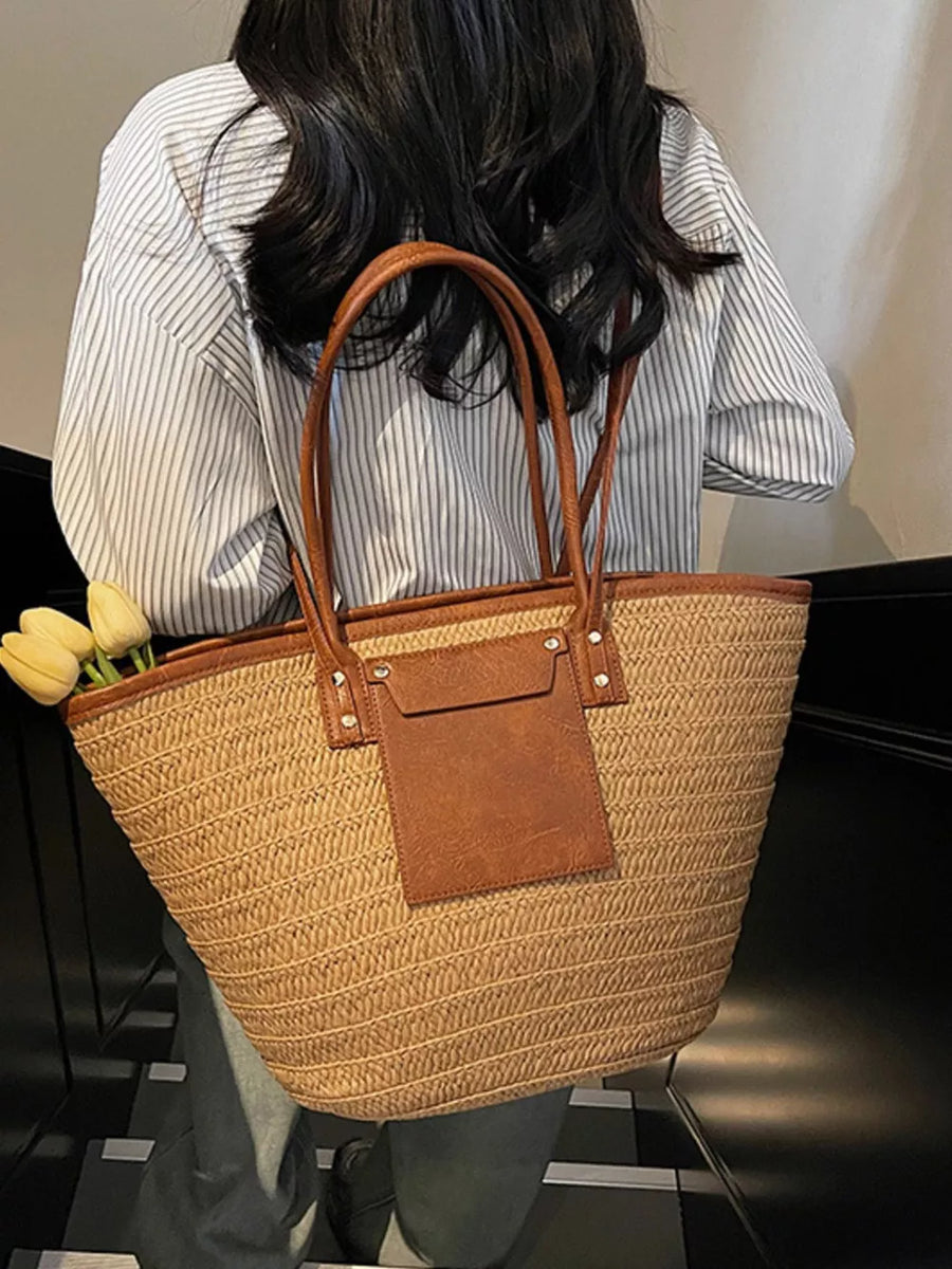 Straw Woven Shoulder Bag With Leather Accents option 7
