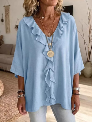 Full Size Ruffle V-neck 3/4 Sleeve Blouse Plus Size in Brown