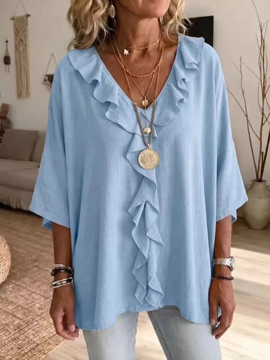 Full Size Ruffle V-neck 3/4 Sleeve Blouse Plus Size in Brown